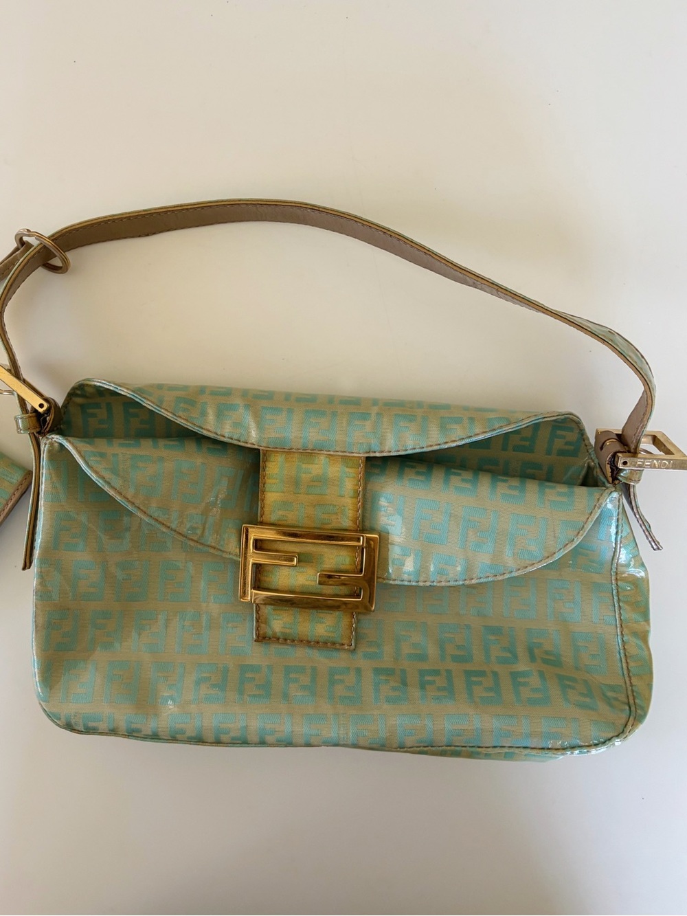 Vintage 2001 Fendi Mint Green Double Flap Zucchino Baguette with Luggage Tag - Picture 2 of 9